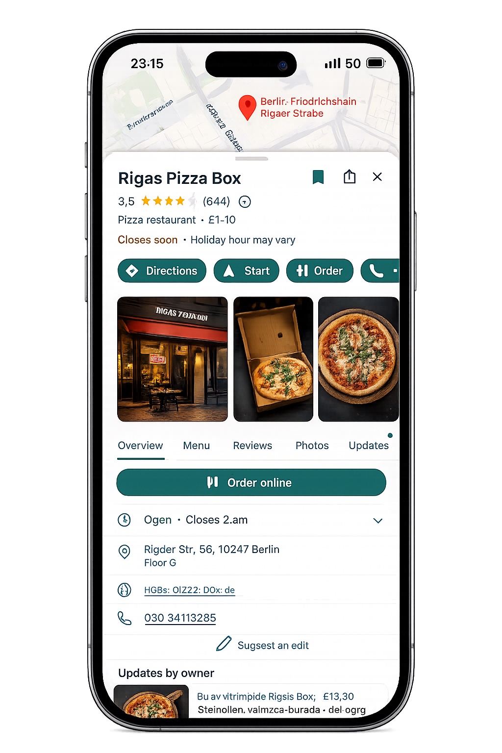 Rigas Pizza Box Google Business mockup'ı