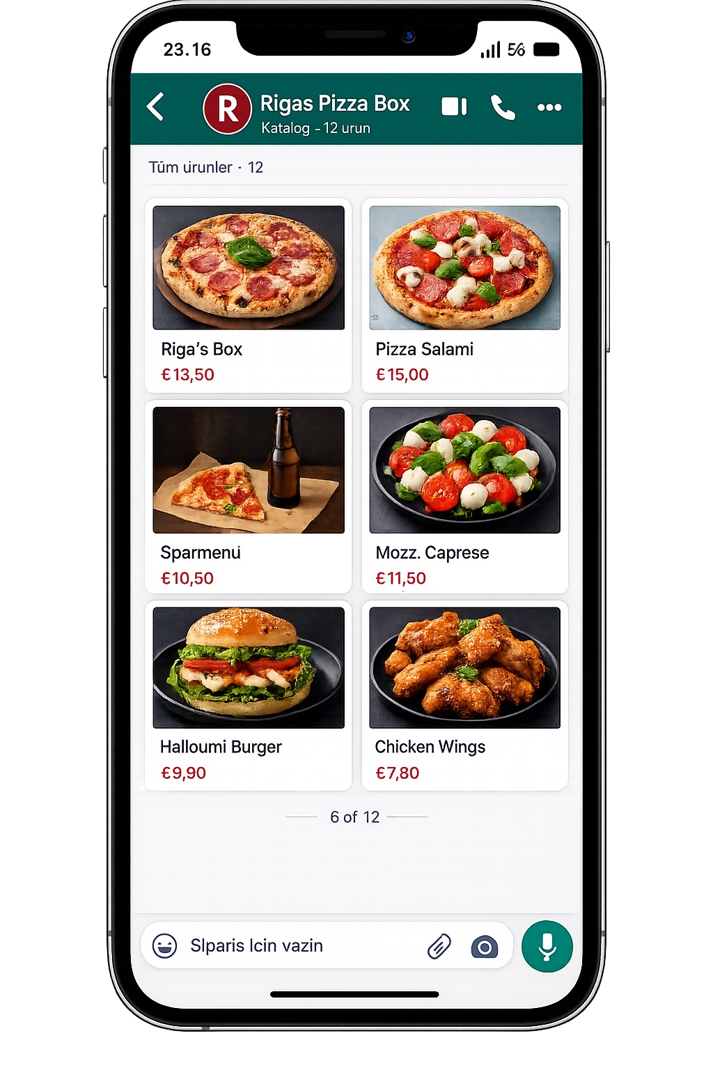 Rigas Pizza Box WhatsApp Business katalog mockup'ı