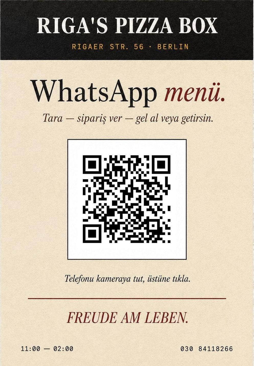 QR posteri ve WhatsApp menü yönlendirmesi