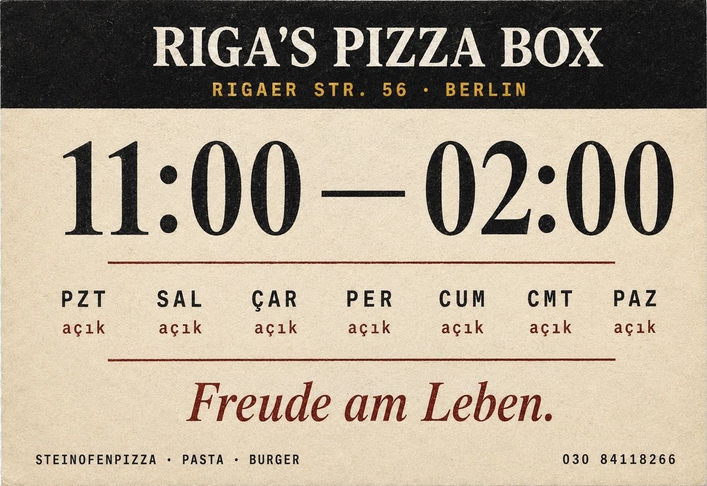 Rigas Pizza Box çalışma saatleri tablosu