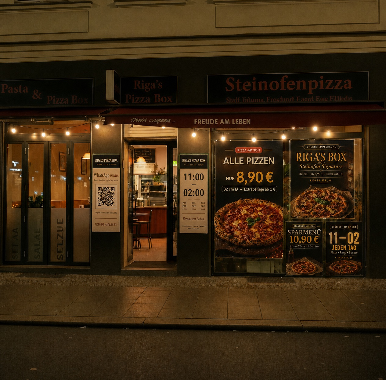 Rigas Pizza Box cephesi için poster, QR ve saat tablosu mockup'ı